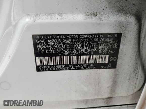 2015 Lexus IS 250 z VIN JTHBF1D2XF5078014, wystawiony jako Copart lot #88933525 z przebiegiem 89 316 mil mil oraz Szkoda całkowita • Salvage title. Historia ofert i sprzedaży dostępna na DreamBid. Obrazek 12.