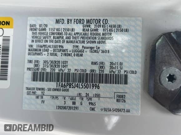 2020 Ford Mustang Shelby GT500 with VIN 1FA6P8SJ4L5501996, listed as a Copart auction lot 54199335 with 1,913 mi miles and Clean title. Bid and sale history available at DreamBid. Image 10.