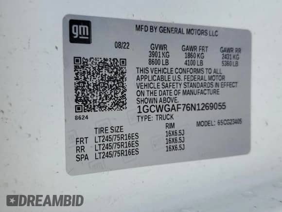 2022 Chevrolet Express Cargo с VIN 1GCWGAF76N1269055, выставлен на аукционе Copart как лот 49327425 с пробегом 32 944 миль миль и Списание • Salvage title. История ставок и продаж доступна на DreamBid. Изображение 13.