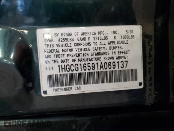 2001 Honda Accord EX z VIN 1HGCG16591A069137, wystawiony jako Copart lot #84871195 z przebiegiem 236 991 mil mil oraz Szkoda całkowita • Salvage title. Historia ofert i sprzedaży dostępna na DreamBid. Obrazek 13.