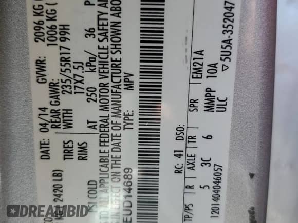 2014 Ford Escape SE z VIN 1FMCU0GX1EUD14689, wystawiony jako Copart lot #65897645 z przebiegiem 125 022 mil mil oraz Szkoda całkowita • Salvage title. Historia ofert i sprzedaży dostępna na DreamBid. Obrazek 13.