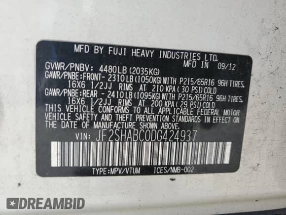 2013 Subaru Forester X z VIN JF2SHABC0DG424937, wystawiony jako Copart lot #70748745 z przebiegiem 149 471 mil mil oraz Szkoda całkowita • Salvage title. Historia ofert i sprzedaży dostępna na DreamBid. Obrazek 13.