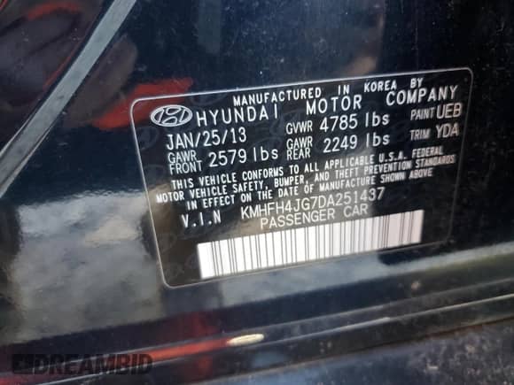 2013 Hyundai Azera с VIN KMHFH4JG7DA251437, выставлен на аукционе Copart как лот 85390935 с пробегом Не указан миль и Чистый • Clean title. История ставок и продаж доступна на DreamBid. Изображение 12.