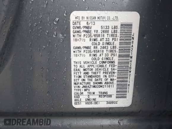 2013 Nissan Murano SL with VIN JN8AZ1MU2DW211611, listed as a IAAI auction lot 43376489 with 167,567 mi miles and . Bid and sale history available at DreamBid. Image 9.