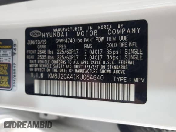 2019 Hyundai Tucson SE z VIN KM8J2CA41KU064640, wystawiony jako Copart lot #85099905 z przebiegiem 39 704 mil mil oraz Szkoda całkowita • Salvage title. Historia ofert i sprzedaży dostępna na DreamBid. Obrazek 14.