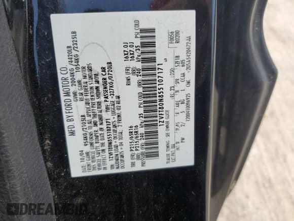 2005 Ford Mustang Deluxe with VIN 1ZVFT80N855107171, listed as a Copart auction lot 64255855 with 251,576 mi miles and Salvage title. Bid and sale history available at DreamBid. Image 13.