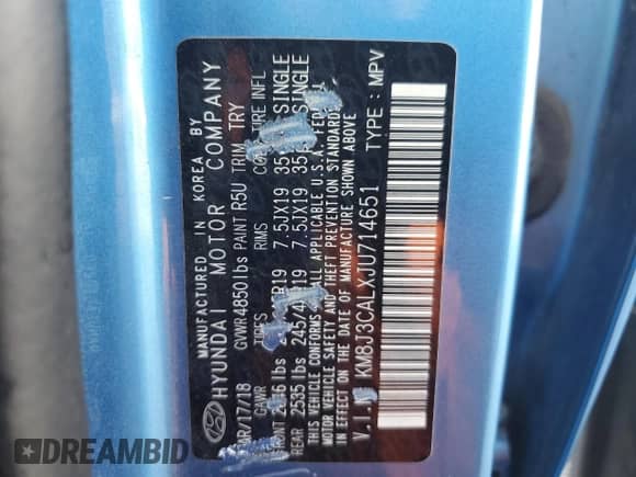 2018 Hyundai Tucson Sport with VIN KM8J3CALXJU714651, listed as a Copart auction lot 85382125 with 123,786 mi miles and Clean title. Bid and sale history available at DreamBid. Image 13.