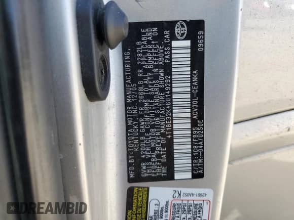 2006 Toyota Camry STD с VIN 4T1BE32K46U149292, выставлен на аукционе Copart как лот 70740975 с пробегом 228 274 миль миль и Чистый • Clean title. История ставок и продаж доступна на DreamBid. Изображение 12.