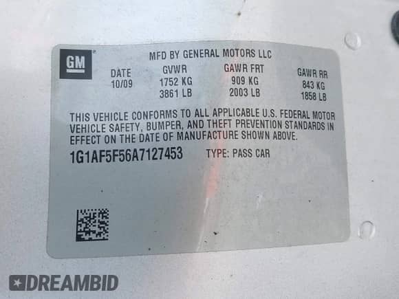 2010 Chevrolet Cobalt 2LT z VIN 1G1AF5F56A7127453, wystawiony jako IAAI lot #43203912 z przebiegiem 141 420 mil mil oraz . Historia ofert i sprzedaży dostępna na DreamBid. Obrazek 9.