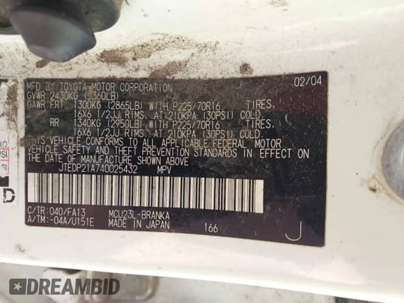 2004 Toyota Highlander with VIN JTEDP21A740025432, listed as a IAAI auction lot 42874960 with 254,106 mi miles and . Bid and sale history available at DreamBid. Image 9.