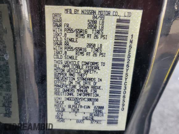 2000 Nissan Frontier XE с VIN 1N6ED26Y5YC306590, выставлен на аукционе Copart как лот 62940665 с пробегом 169 791 миль миль и Чистый • Clean title. История ставок и продаж доступна на DreamBid. Изображение 13.