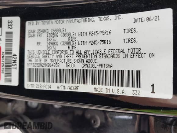2021 Toyota Tacoma SR5 z VIN 5TFDZ5BN2MX064938, wystawiony jako IAAI lot #42013109 z przebiegiem 40 620 mil mil oraz . Historia ofert i sprzedaży dostępna na DreamBid. Obrazek 9.