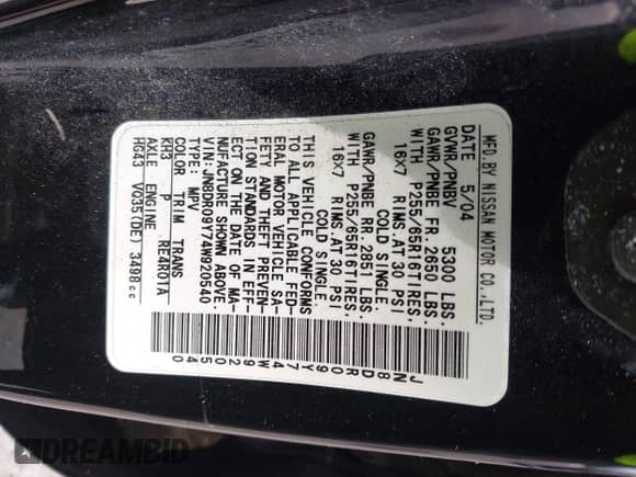 2004 Nissan Pathfinder SE с VIN JN8DR09Y74W920540, выставлен на аукционе IAAI как лот 42612990 с пробегом 173 501 миль миль и . История ставок и продаж доступна на DreamBid. Изображение 9.