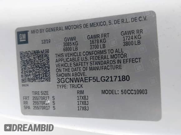 2020 Chevrolet Silverado 1500 Work Truck with VIN 3GCNWAEF5LG217180, listed as a IAAI auction lot 42681890 with 90,390 mi miles and . Bid and sale history available at DreamBid. Image 9.