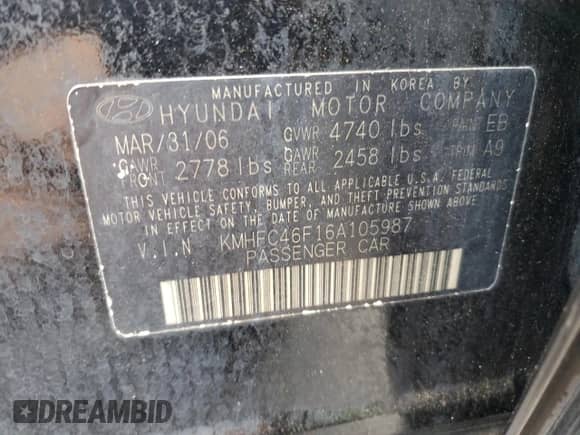 2006 Hyundai Azera SE с VIN KMHFC46F16A105987, выставлен на аукционе Copart как лот 83908314 с пробегом 85 820 миль миль и Чистый • Clean title. История ставок и продаж доступна на DreamBid. Изображение 12.