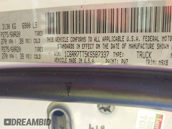 2019 Ram 1500 SLT с VIN 1C6RR7TT5KS587337, выставлен на аукционе IAAI как лот 41169781 с пробегом 96 407 миль миль и . История ставок и продаж доступна на DreamBid. Изображение 9.