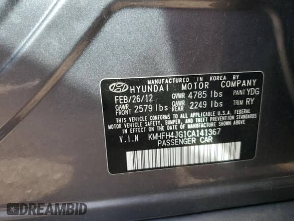 2012 Hyundai Azera с VIN KMHFH4JG1CA141367, выставлен на аукционе Copart как лот 71907445 с пробегом 71 226 миль миль и Списание • Salvage title. История ставок и продаж доступна на DreamBid. Изображение 12.