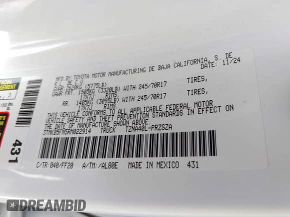 2024 Toyota Tacoma SR5 z VIN 3TMKB5FN5RM022914, wystawiony jako IAAI lot #41398168 z przebiegiem 2 535 mil mil oraz . Historia ofert i sprzedaży dostępna na DreamBid. Obrazek 8.