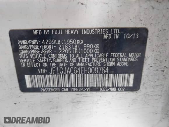2014 Subaru Impreza Premium с VIN JF1GJAC64EH008764, выставлен на аукционе IAAI как лот 42605248 с пробегом 112 163 миль миль и . История ставок и продаж доступна на DreamBid. Изображение 9.