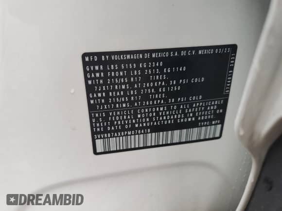 2023 Volkswagen Tiguan S с VIN 3VVRB7AX8PM076418, выставлен на аукционе Copart как лот 70877775 с пробегом 20 607 миль миль и Списание • Salvage title. История ставок и продаж доступна на DreamBid. Изображение 13.