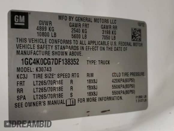 2013 Chevrolet Silverado 3500HD SRW LT z VIN 1GC4K0CG7DF138352, wystawiony jako Copart lot #84374374 z przebiegiem 224 485 mil mil oraz Szkoda całkowita • Salvage title. Historia ofert i sprzedaży dostępna na DreamBid. Obrazek 12.