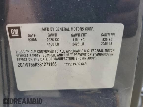 2008 Chevrolet Impala LT с VIN 2G1WT55K381271166, выставлен на аукционе Copart как лот 84034825 с пробегом 56 652 миль миль и На запчасти • Non repairable. История ставок и продаж доступна на DreamBid. Изображение 12.