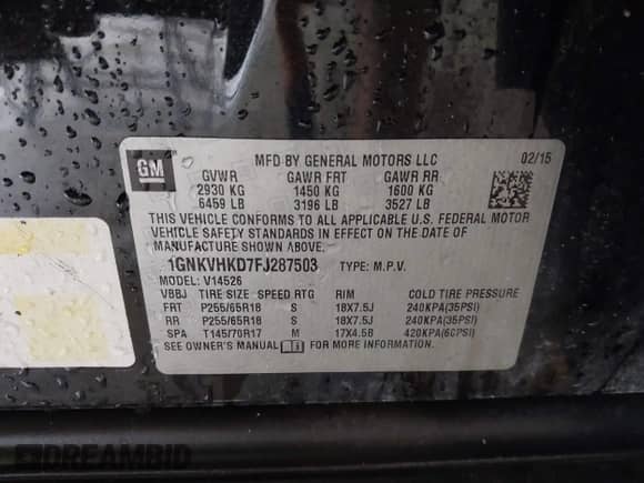 2015 Chevrolet Traverse LT with VIN 1GNKVHKD7FJ287503, listed as a IAAI auction lot 43138804 with 162,271 mi miles and . Bid and sale history available at DreamBid. Image 9.