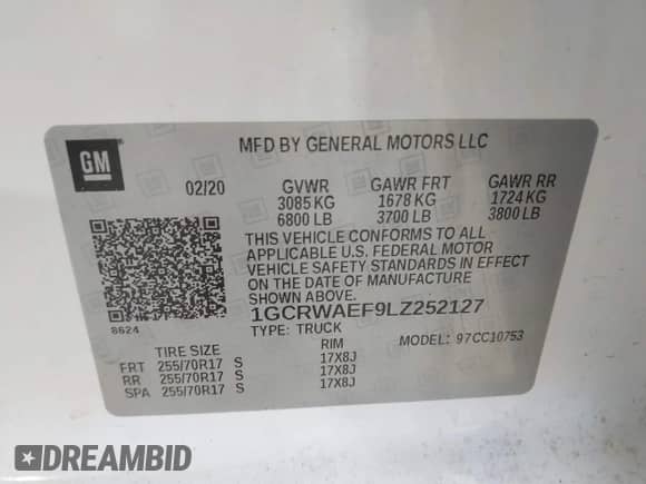 2020 Chevrolet Silverado 1500 Work Truck with VIN 1GCRWAEF9LZ252127, listed as a IAAI auction lot 42780388 with 80,002 mi miles and . Bid and sale history available at DreamBid. Image 9.