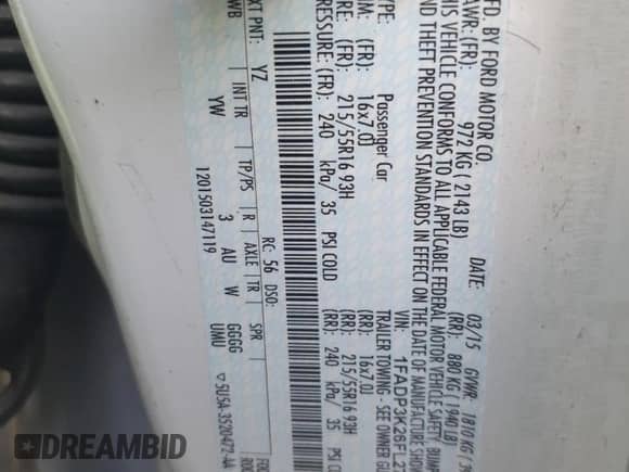 2015 Ford Focus SE с VIN 1FADP3K26FL276628, выставлен на аукционе Copart как лот 69465795 с пробегом 92 047 миль миль и Списание • Salvage title. История ставок и продаж доступна на DreamBid. Изображение 13.