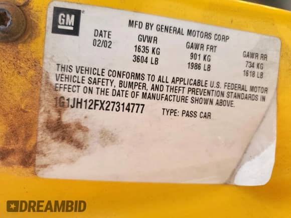 2002 Chevrolet Cavalier LS Sport z VIN 1G1JH12FX27314777, wystawiony jako Copart lot #58443425 z przebiegiem 176 044 mil mil oraz Szkoda całkowita • Salvage title. Historia ofert i sprzedaży dostępna na DreamBid. Obrazek 12.