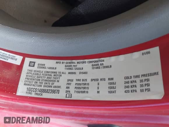 2006 Chevrolet Colorado Work Truck with VIN 1GCCS148868239870, listed as a IAAI auction lot 42366072 with 142,022 mi miles and . Bid and sale history available at DreamBid. Image 9.