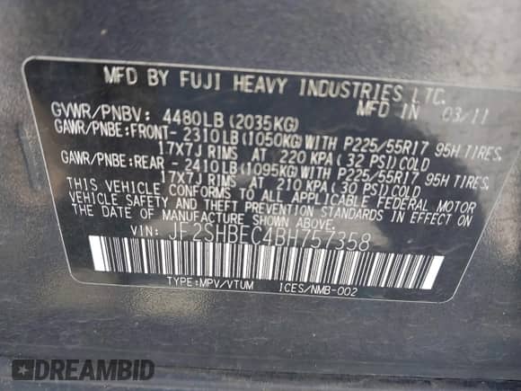 2011 Subaru Forester X Limited with VIN JF2SHBEC4BH757358, listed as a IAAI auction lot 42714447 with 118,001 mi miles and . Bid and sale history available at DreamBid. Image 9.