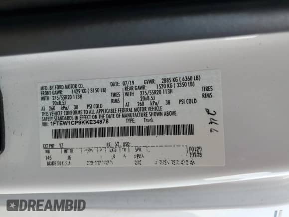 2019 Ford F-150 XL with VIN 1FTEW1CP9KKE34878, listed as a Copart auction lot 87386065 with 129,919 mi miles and Salvage title. Bid and sale history available at DreamBid. Image 13.