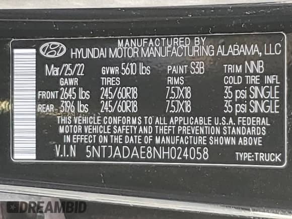 2022 Hyundai Santa Cruz SE с VIN 5NTJADAE8NH024058, выставлен на аукционе Copart как лот 82147744 с пробегом 34 887 миль миль и Списание • Salvage title. История ставок и продаж доступна на DreamBid. Изображение 13.