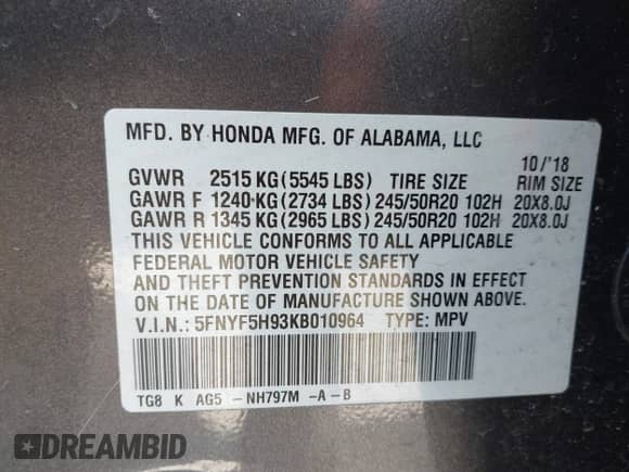 2019 Honda Pilot Touring 8-Passenger z VIN 5FNYF5H93KB010964, wystawiony jako IAAI lot #42743156 z przebiegiem 270 017 mil mil oraz . Historia ofert i sprzedaży dostępna na DreamBid. Obrazek 9.