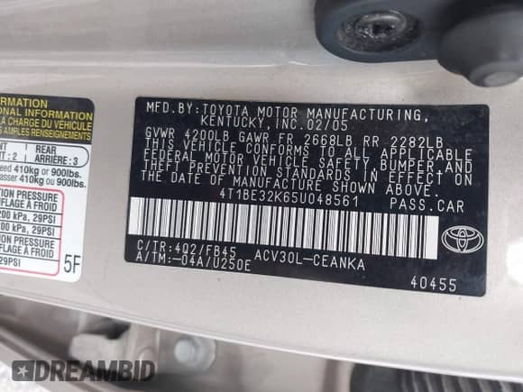 2005 Toyota Camry LE with VIN 4T1BE32K65U048561, listed as a IAAI auction lot 43448909 with 209,003 mi miles and . Bid and sale history available at DreamBid. Image 9.