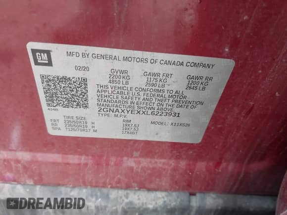 2020 Chevrolet Equinox Premier с VIN 2GNAXYEXXL6223931, выставлен на аукционе IAAI как лот 40007757 с пробегом 70 823 миль миль и . История ставок и продаж доступна на DreamBid. Изображение 9.