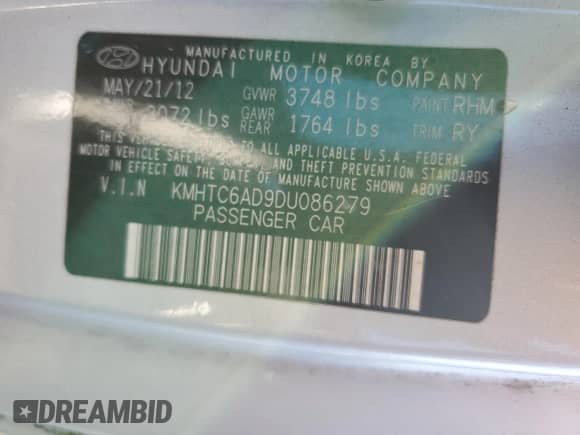 2013 Hyundai Veloster w/Black Int с VIN KMHTC6AD9DU086279, выставлен на аукционе Copart как лот 85276815 с пробегом 201 554 миль миль и Списание • Salvage title. История ставок и продаж доступна на DreamBid. Изображение 13.