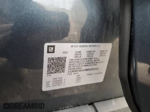 2021 Chevrolet Tahoe Premier with VIN 1GNSKSKD4MR293151, listed as a Copart auction lot 84629825 with 96,927 mi miles and Salvage title. Bid and sale history available at DreamBid. Image 14.