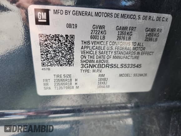 2020 Chevrolet Blazer LT с VIN 3GNKBDRS5LS533545, выставлен на аукционе Copart как лот 70039905 с пробегом Не указан миль и Списание • Salvage title. История ставок и продаж доступна на DreamBid. Изображение 12.