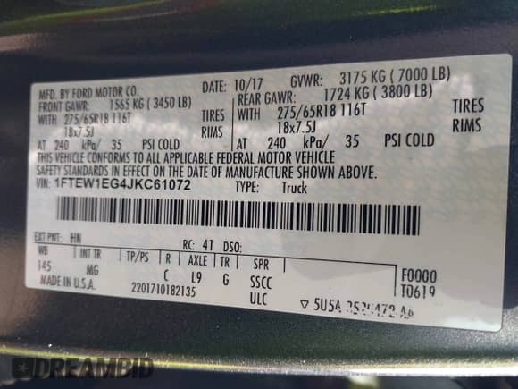 2018 Ford F-150 XLT z VIN 1FTEW1EG4JKC61072, wystawiony jako IAAI lot #42978854 z przebiegiem 126 442 mil mil oraz . Historia ofert i sprzedaży dostępna na DreamBid. Obrazek 9.