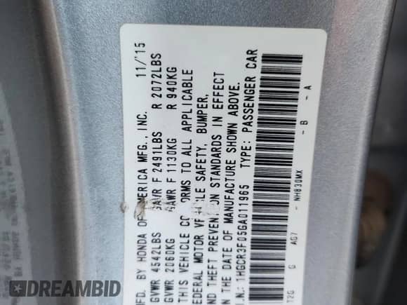 2016 Honda Accord EX-L with VIN 1HGCR3F05GA011965, listed as a Copart auction lot 80698275 with 20,462 mi miles and Salvage title. Bid and sale history available at DreamBid. Image 13.