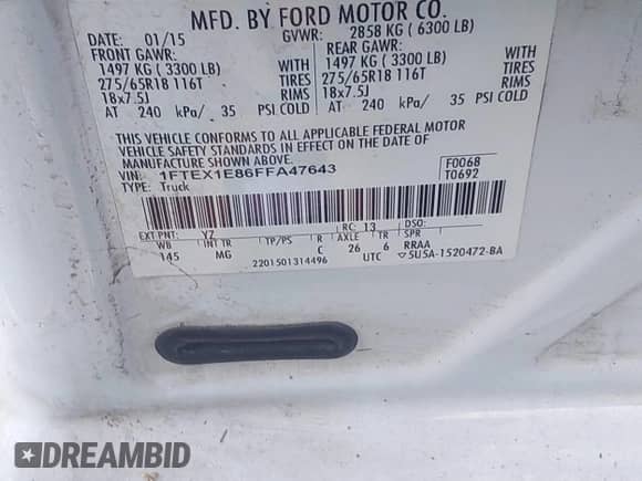 2015 Ford F-150 XLT with VIN 1FTEX1E86FFA47643, listed as a IAAI auction lot 42581835 with 93,182 mi miles and . Bid and sale history available at DreamBid. Image 9.