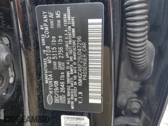 2009 Hyundai Genesis with VIN KMHGC46F29U047296, listed as a Copart auction lot 68387705 with 165,821 mi miles and Salvage title. Bid and sale history available at DreamBid. Image 12.