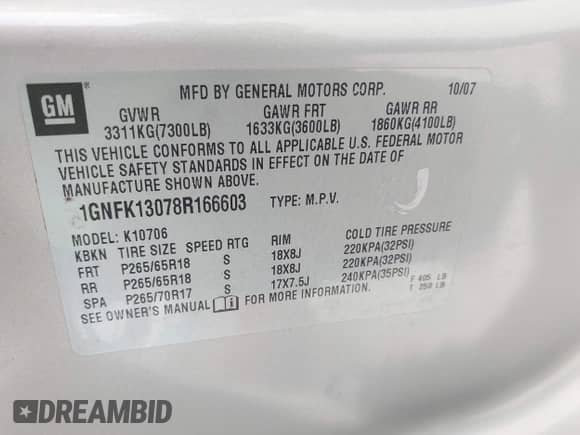 2008 Chevrolet Tahoe 3LT with VIN 1GNFK13078R166603, listed as a IAAI auction lot 42258023 with 282,911 mi miles and . Bid and sale history available at DreamBid. Image 9.