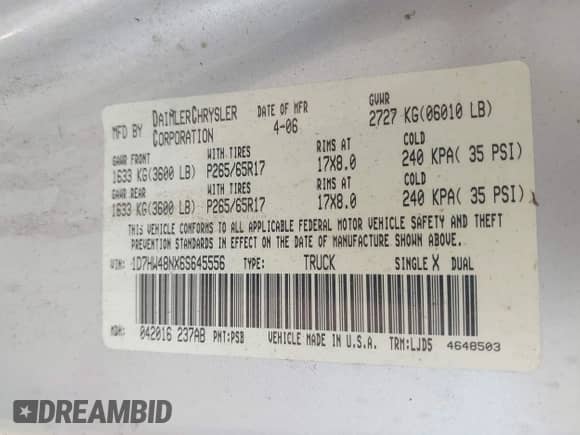 2006 Dodge Dakota SLT z VIN 1D7HW48NX6S645556, wystawiony jako IAAI lot #42597957 z przebiegiem 161 178 mil mil oraz . Historia ofert i sprzedaży dostępna na DreamBid. Obrazek 9.