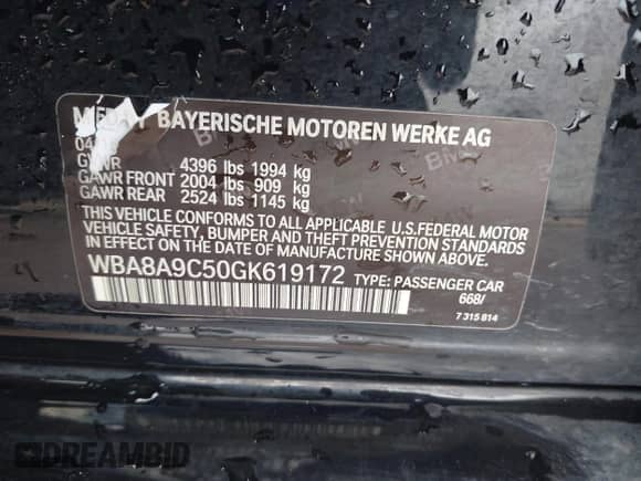 2016 BMW 3 Series 320i with VIN WBA8A9C50GK619172, listed as a IAAI auction lot 43287733 with 138,786 mi miles and . Bid and sale history available at DreamBid. Image 9.