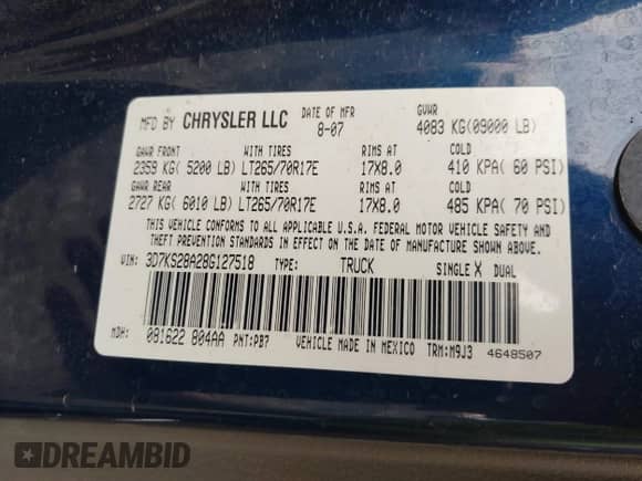 2008 Dodge 2500 SLT z VIN 3D7KS28A28G127518, wystawiony jako IAAI lot #41239093 z przebiegiem 246 641 mil mil oraz . Historia ofert i sprzedaży dostępna na DreamBid. Obrazek 9.