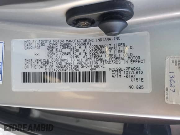 2004 Toyota Sienna XLE z VIN 5TDZA22C64S102641, wystawiony jako Copart lot #85000295 z przebiegiem 187 481 mil mil oraz Czysty tytuł • Clean title. Historia ofert i sprzedaży dostępna na DreamBid. Obrazek 13.