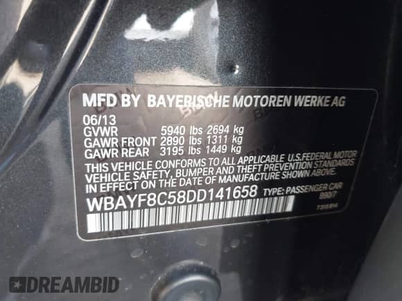 2013 BMW 7 Series 750Li xDrive with VIN WBAYF8C58DD141658, listed as a IAAI auction lot 42327776 with 130,428 mi miles and . Bid and sale history available at DreamBid. Image 9.